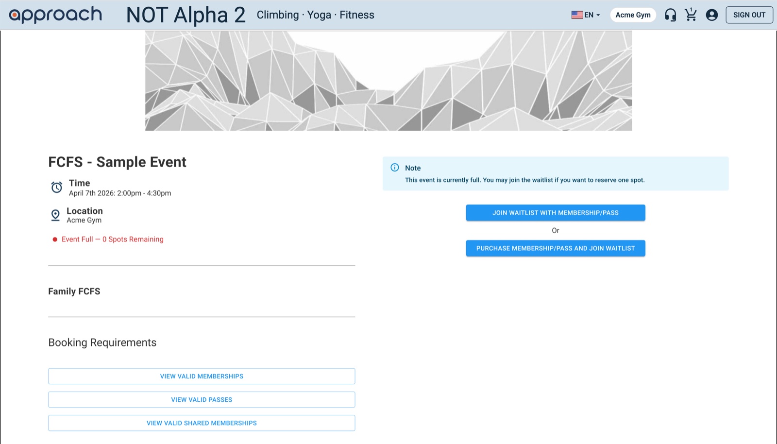 Customer portal showing a full event with the note “This event is currently full” and two buttons to join the waitlist