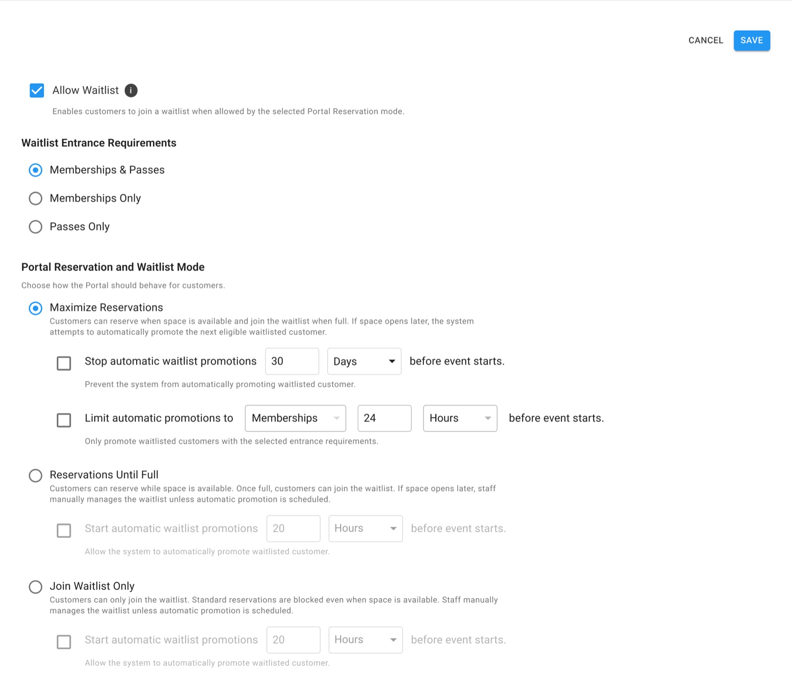 Waitlist settings in the admin app: Allow Waitlist checkbox, entrance requirements, and three portal modes with timing options