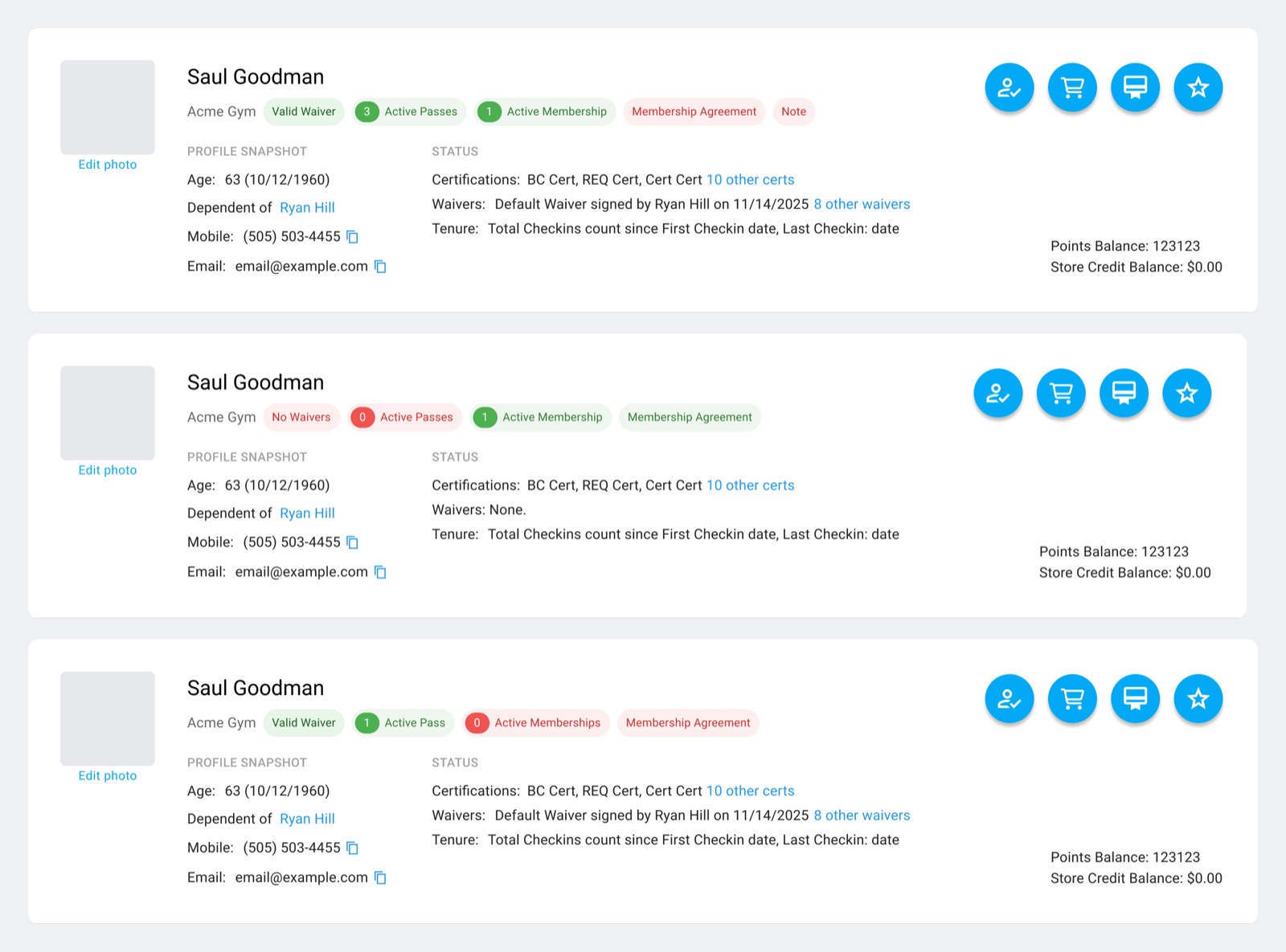 Three versions of the header: one with a valid waiver, three passes, an active membership, a pending agreement and a note; one with no waivers and zero passes; and one with a valid waiver, one pass, zero memberships and a pending agreement
