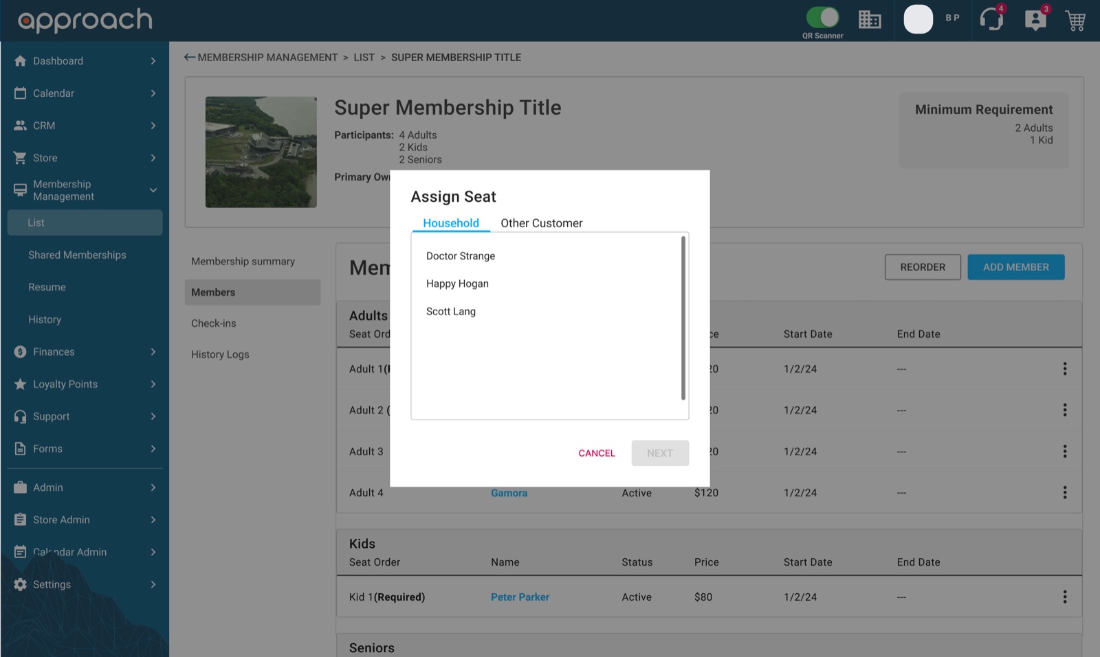 Assign Seat dialog with tabs for Household and Other Customer, over the members list
