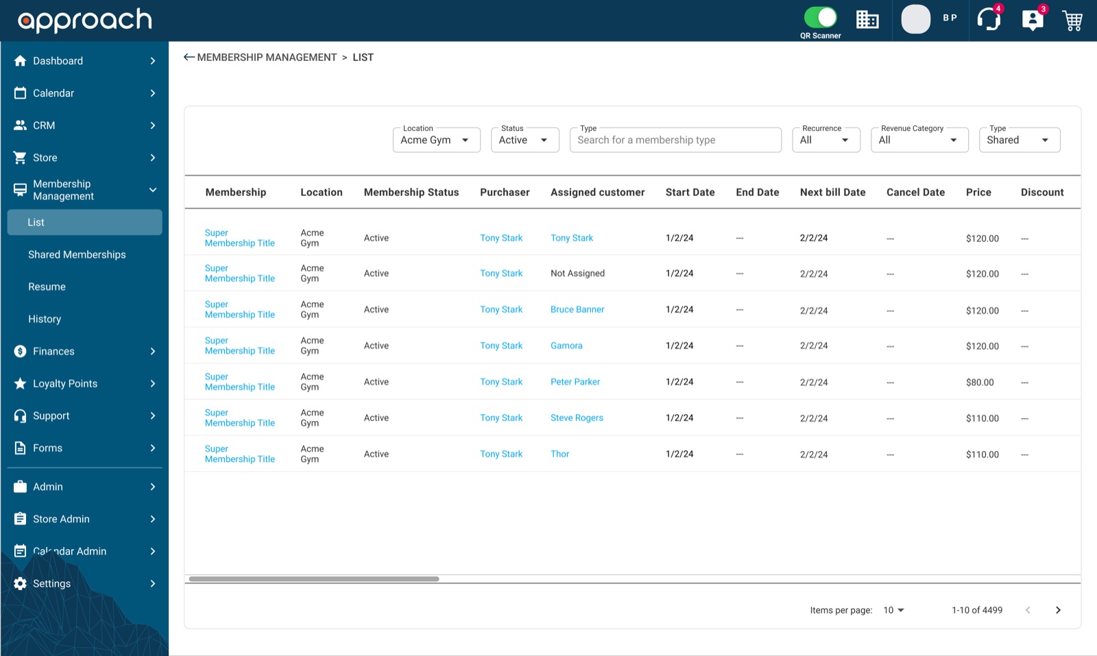 Membership list filtered to shared memberships, with separate Purchaser and Assigned customer columns and one seat marked Not Assigned