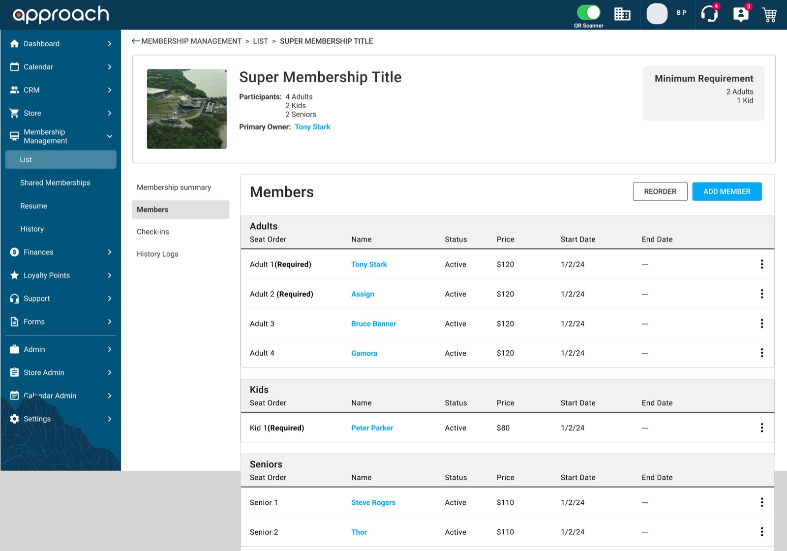 Shared membership page in the admin app, listing members grouped into adults, kids and seniors, each with a seat order, status and price