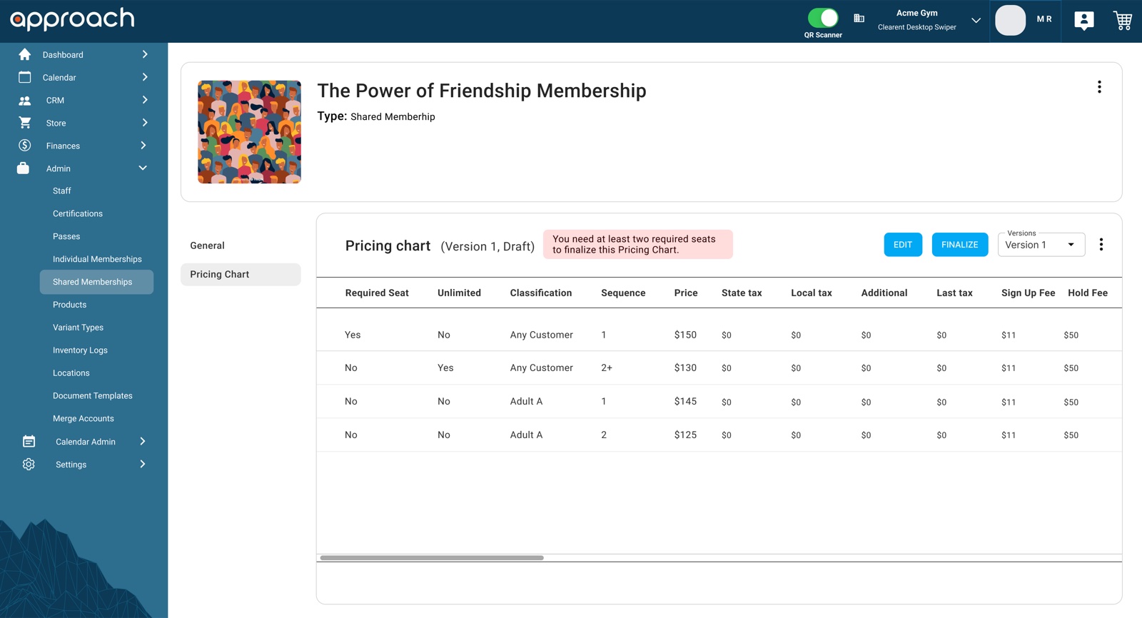 Pricing chart for a shared membership in draft, with rows for required seats, classifications, sequence and price, and a warning that at least two required seats are needed to finalize